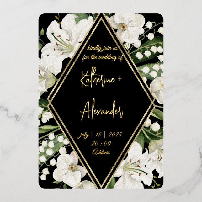 Black wedding floral Lily Invitation classics Gold (Front)