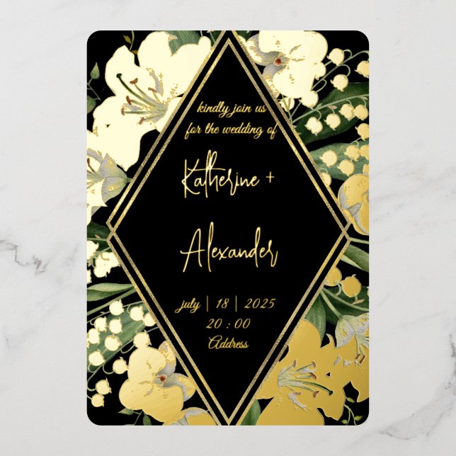 Black wedding floral Lily Invitation classics Gold (Front)