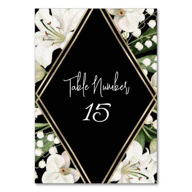 Black wedding floral Lily Invitation classics Table Number (Front)