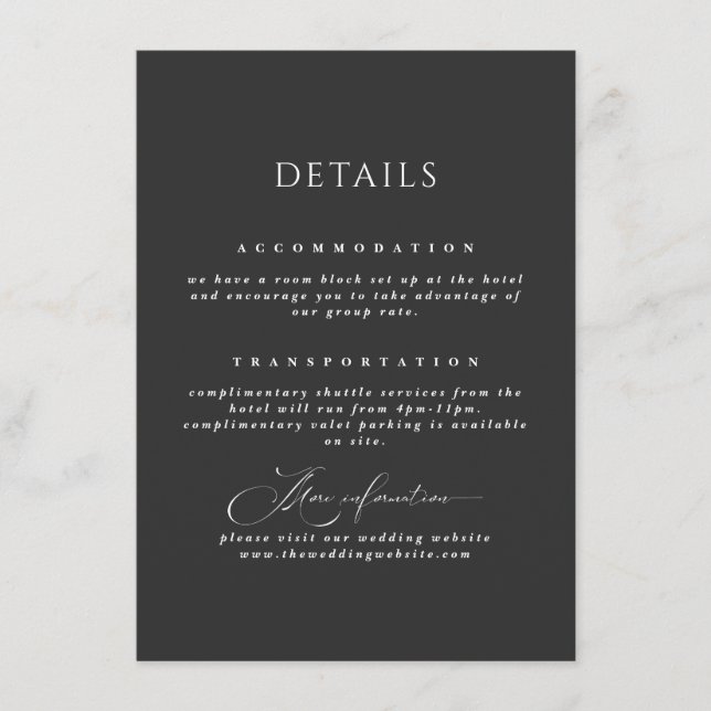 Black wedding information card simple typography (Front)