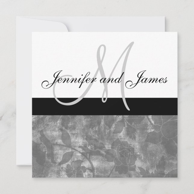 Black Wedding Invitation Monogram Names Floral (Front)