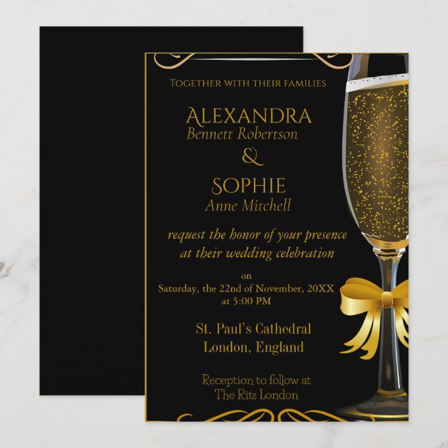Black Wedding Invitation with Gold Champagne Glass (Front/Back)