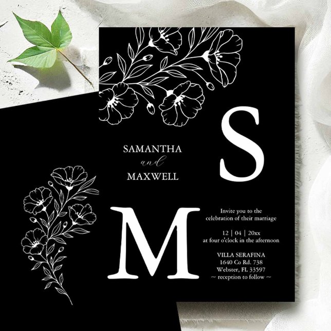 Black Wedding Invitations (Flat lay of black and white wedding invitations with line art by Victoria of Do Tell A Belle)