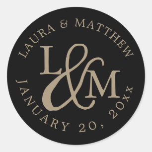 Black Wedding Monogram Classic Round Sticker