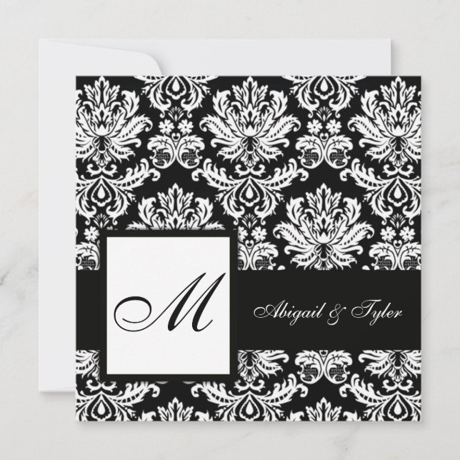 Black Wedding Monogram Damask Invitation (Front)
