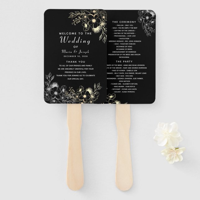 Black Wedding Program Hand Fan (Front and Back)
