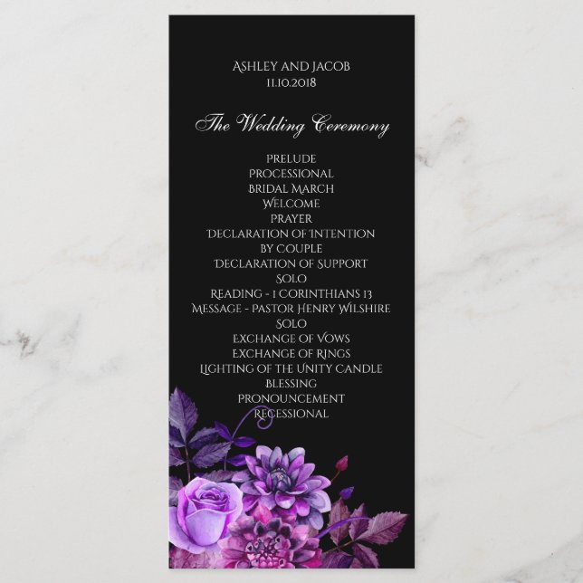 Black wedding program. Purple floral ceremony card (Front)