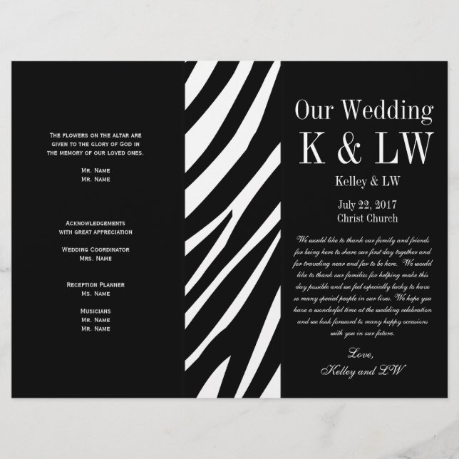 Black Wedding Program Zebra Stripes Pattern (Front)