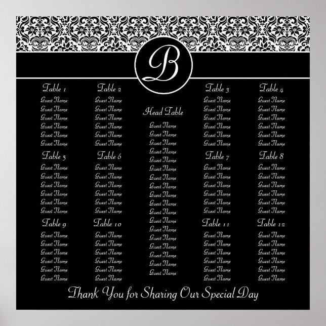 Black Wedding Reception Seating Chart - Square (Front)