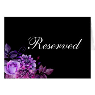Black wedding reserved sign. Purple table card