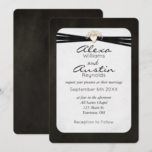 Black Wedding Ribbon in Gold Heart  Invitation (Front/Back)