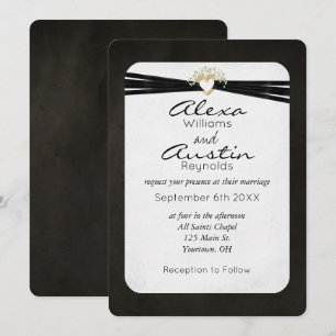 Black Wedding Ribbon in Gold Heart Invitation