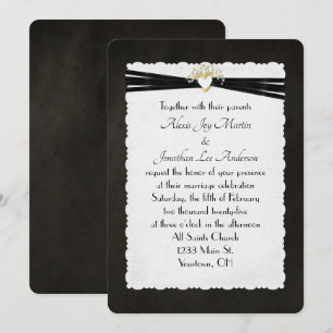 Black Wedding Ribbon in Gold Heart Invitation