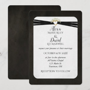 Black Wedding Ribbon in Gold Heart  Invitation