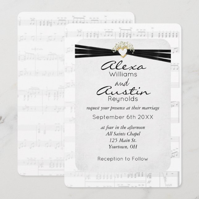 Black Wedding Ribbon On Music Invitation (Front/Back)