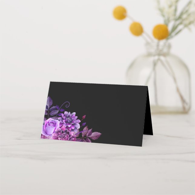 Black wedding seating card. Purple flowers. Floral Place Card (Front)