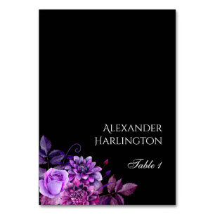 Black wedding seating card. Purple place card
