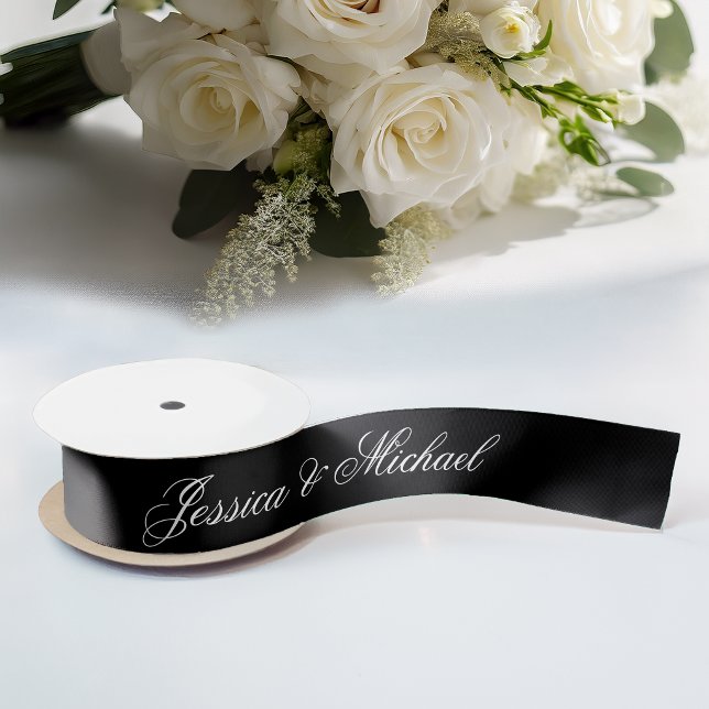 Black Wedding Simple Calligraphy Elegant Script  Satin Ribbon (Creator Uploaded)
