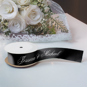 Black Wedding Simple Calligraphy Elegant Script  Satin Ribbon