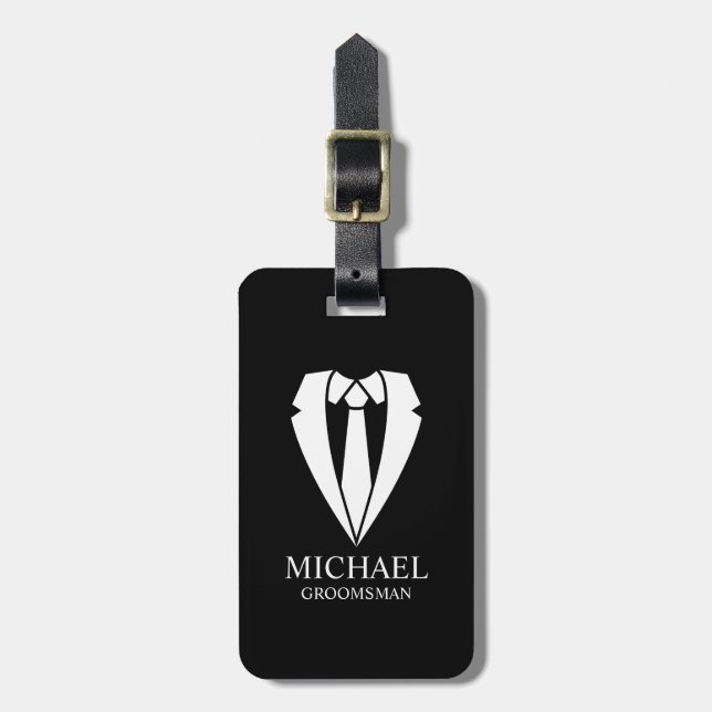 Black Wedding Suit and Tie Groomsman  Luggage Tag (Front Vertical)