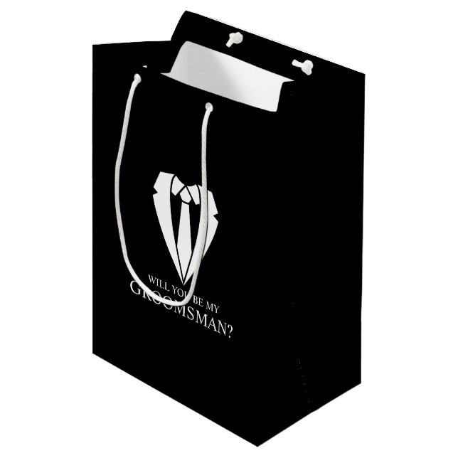 Black Wedding Suit and Tie Groomsman Proposal Medium Gift Bag (Front Angled)