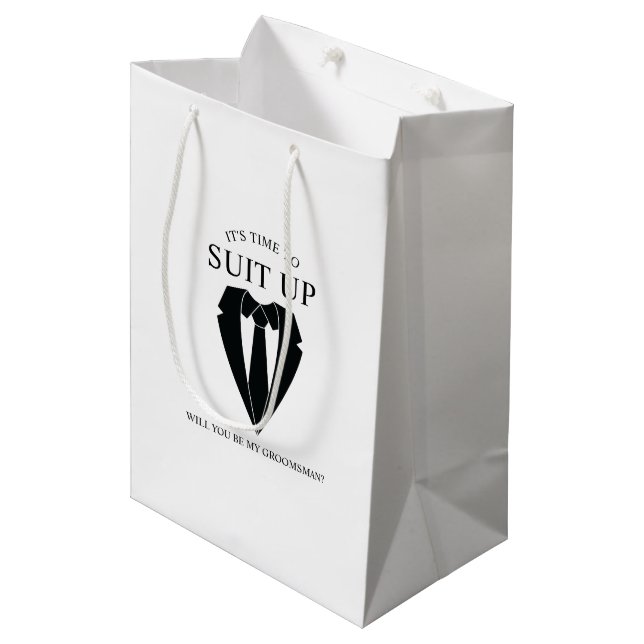 Black Wedding Suit and Tie Groomsman Proposal Medium Gift Bag (Front Angled)