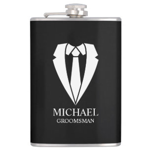 Black Wedding Suit and Tie Personalised Groomsmen Hip Flask