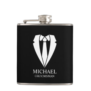 Black Wedding Suit and Tie Personalised Groomsmen Hip Flask