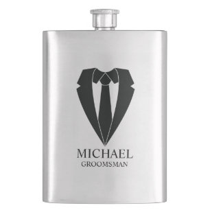 Black Wedding Suit and Tie Personalised Groomsmen Hip Flask