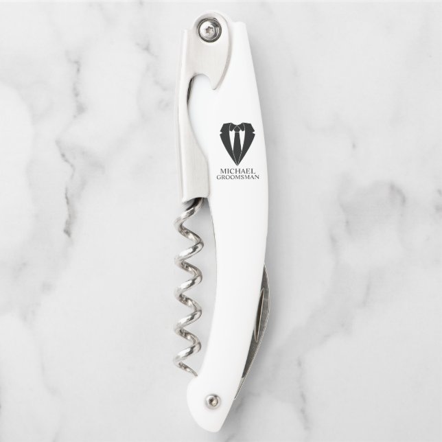 Black Wedding Suit and Tie Personalized Groomsmen Corkscrew (Front)