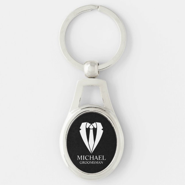 Black Wedding Suit Personalised Groomsmen Key Ring (Front)