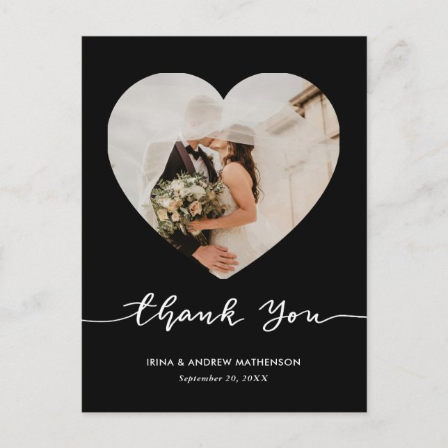 Black Wedding Thank You Script Heart Photo Postcard (Front)
