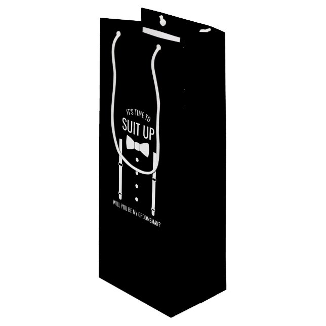 Black Wedding Tuxedo Suit Groomsman Proposal Wine Gift Bag (Front Angled)