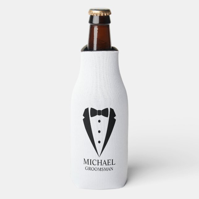 Black Wedding Tuxedo Suit Personalised Groomsmen Bottle Cooler (Bottle Front)