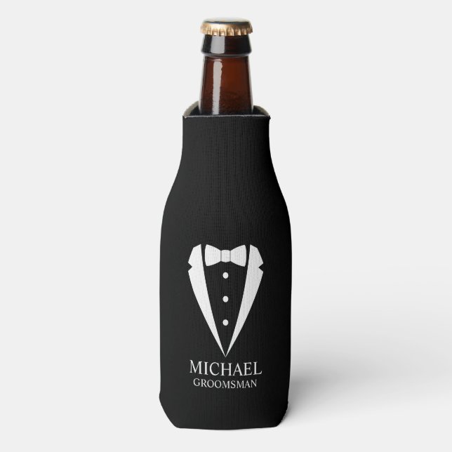 Black Wedding Tuxedo Suit Personalised Groomsmen Bottle Cooler (Bottle Front)