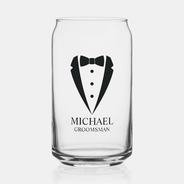 Black Wedding Tuxedo Suit Personalised Groomsmen Can Glass (Front)