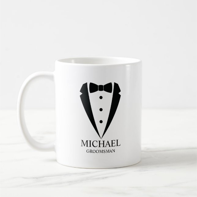Black Wedding Tuxedo Suit Personalised Groomsmen Coffee Mug (Left)