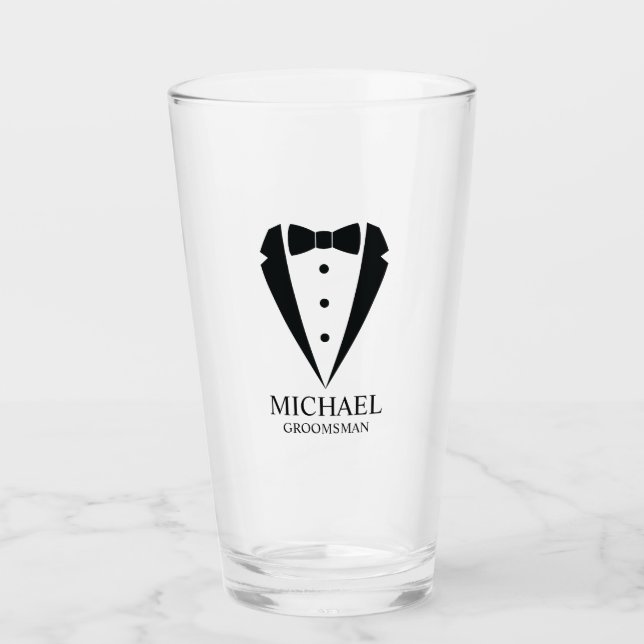 Black Wedding Tuxedo Suit Personalised Groomsmen Glass (Front)