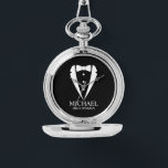 Black Wedding Tuxedo Suit Personalised Groomsmen Watch<br><div class="desc">Make Your Wedding Unforgettable – Add a personal touch with a custom groomsmen gift
featuring a tuxedo suit and bow tie illustration with a personalised groomsman's name and title in a classic serif font.

 A perfect keepsake for your groomsmen,  best man,  father of the bride,  and more!</div>