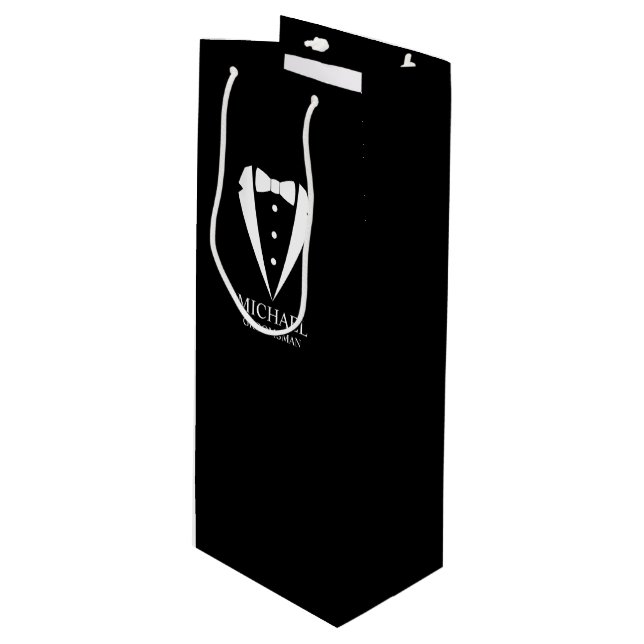 Black Wedding Tuxedo Suit Personalised Groomsmen Wine Gift Bag (Front Angled)