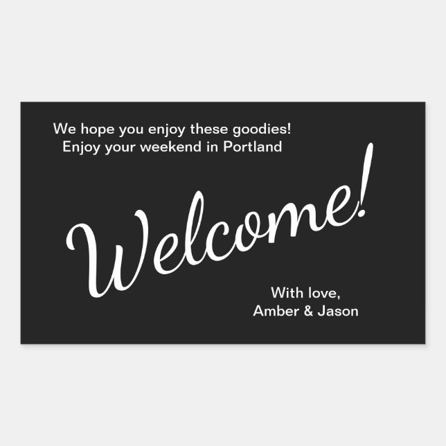 Black Welcome Guests Gift Basket Bag Wedding Rectangular Sticker (Front)