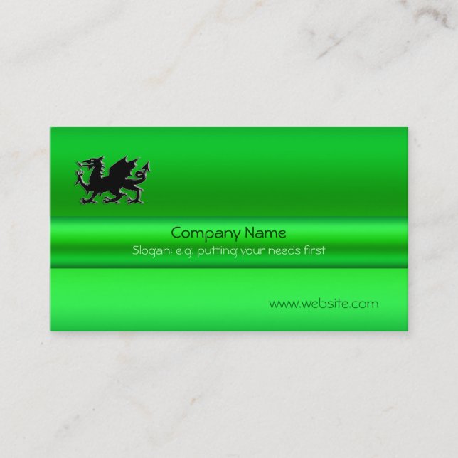 Black Welsh Dragon on green metallic-look Business Card (Front)