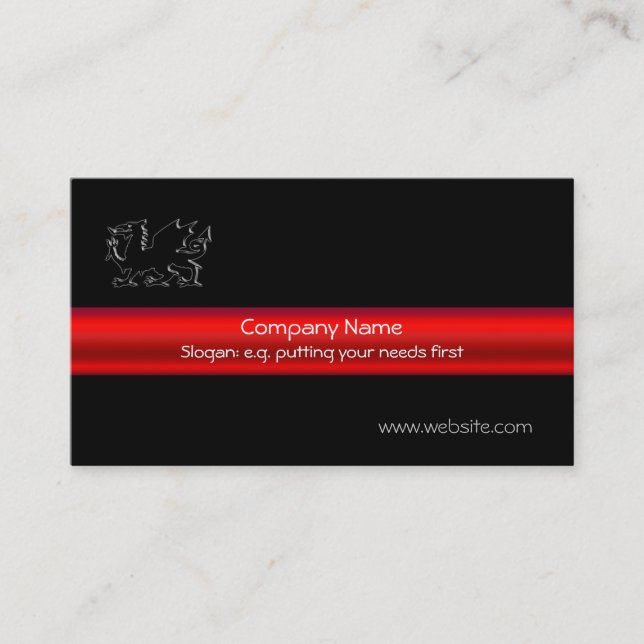 Black Welsh Dragon, red chrome-look strip on black Business Card (Front)