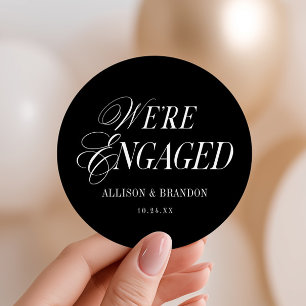 Black We're Engaged Engagement Party Favours Classic Round Sticker