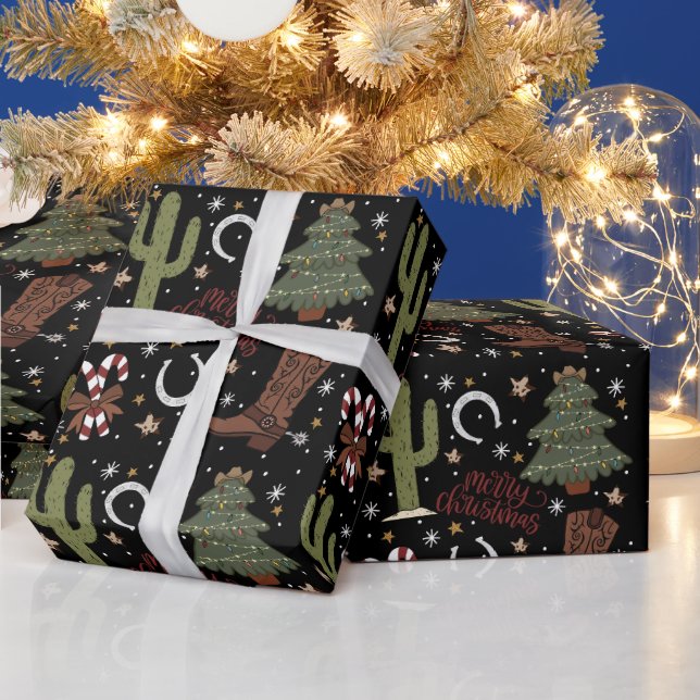 Black Western Cowboy Christmas Wrapping Paper (Holidays)