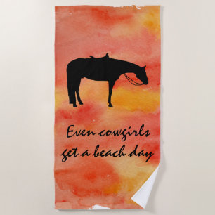 Black Western Horse Silhouette on Watercolor Beach Towel