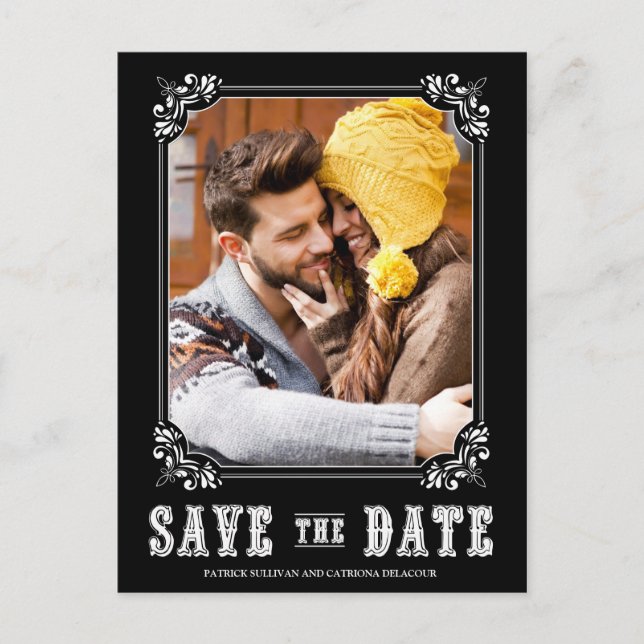 BLACK WESTERN TYPOGRAPHY SAVE THE DATE POSTCARD (Front)