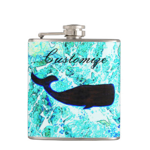 black whale swimming blue hip flask