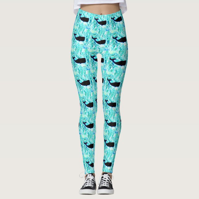black whales on blue leggings (Front)