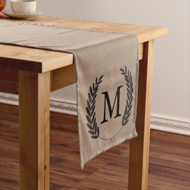 Black Wheat Laurels Faux Burlap - Personalised Medium Table Runner (In Situ)